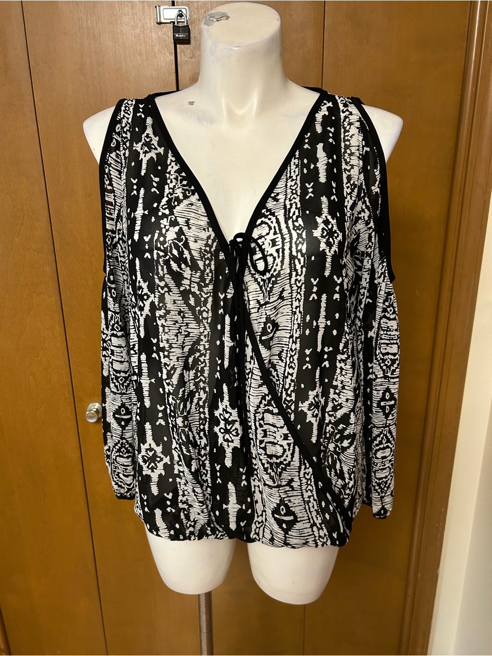 Nicole by Nicole Miller Black and White Cold-Shoulder Tie-Front Blouse